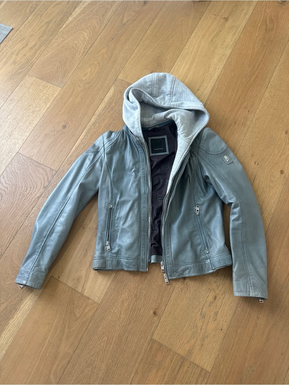 Lambskin Leather Hooded Moto Jacket - Light Blue/Gray/Slate